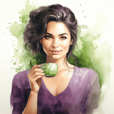 Radiant woman drinking matcha