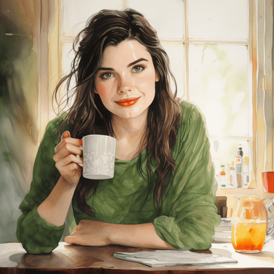Woman drinking tea in her kitchen