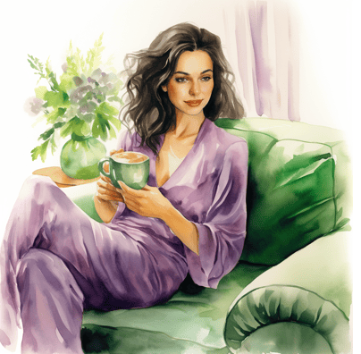 Woman relaxing with cup of matcha