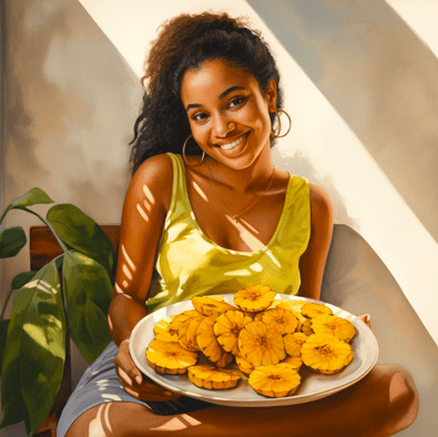 Woman-smiling-with-a-plate-of-sliced-plantains