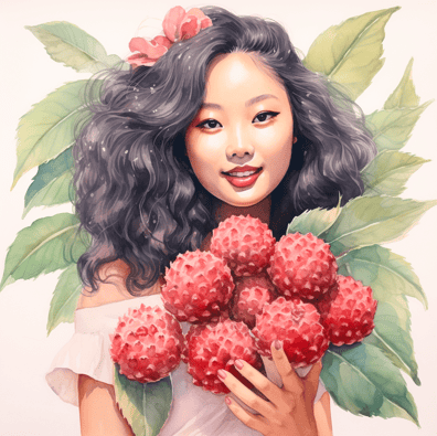 Woman surrounded by giant lychees
