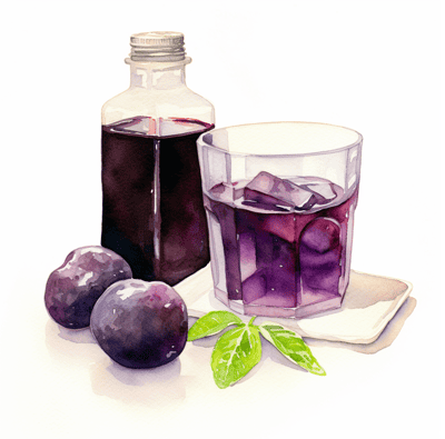 Bottle of prune juice and glass of prune juice