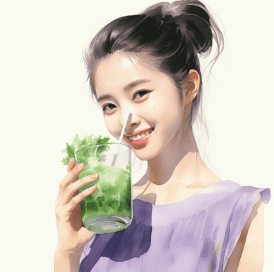 Woman with glass of celery juice