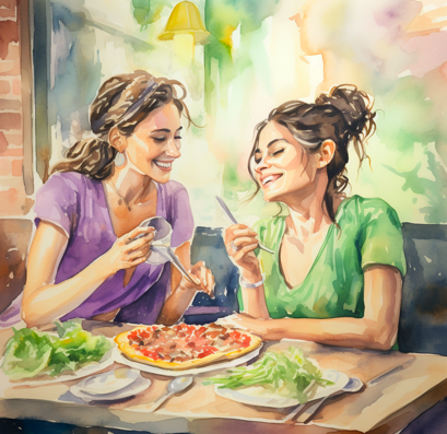 Women eating pizza together